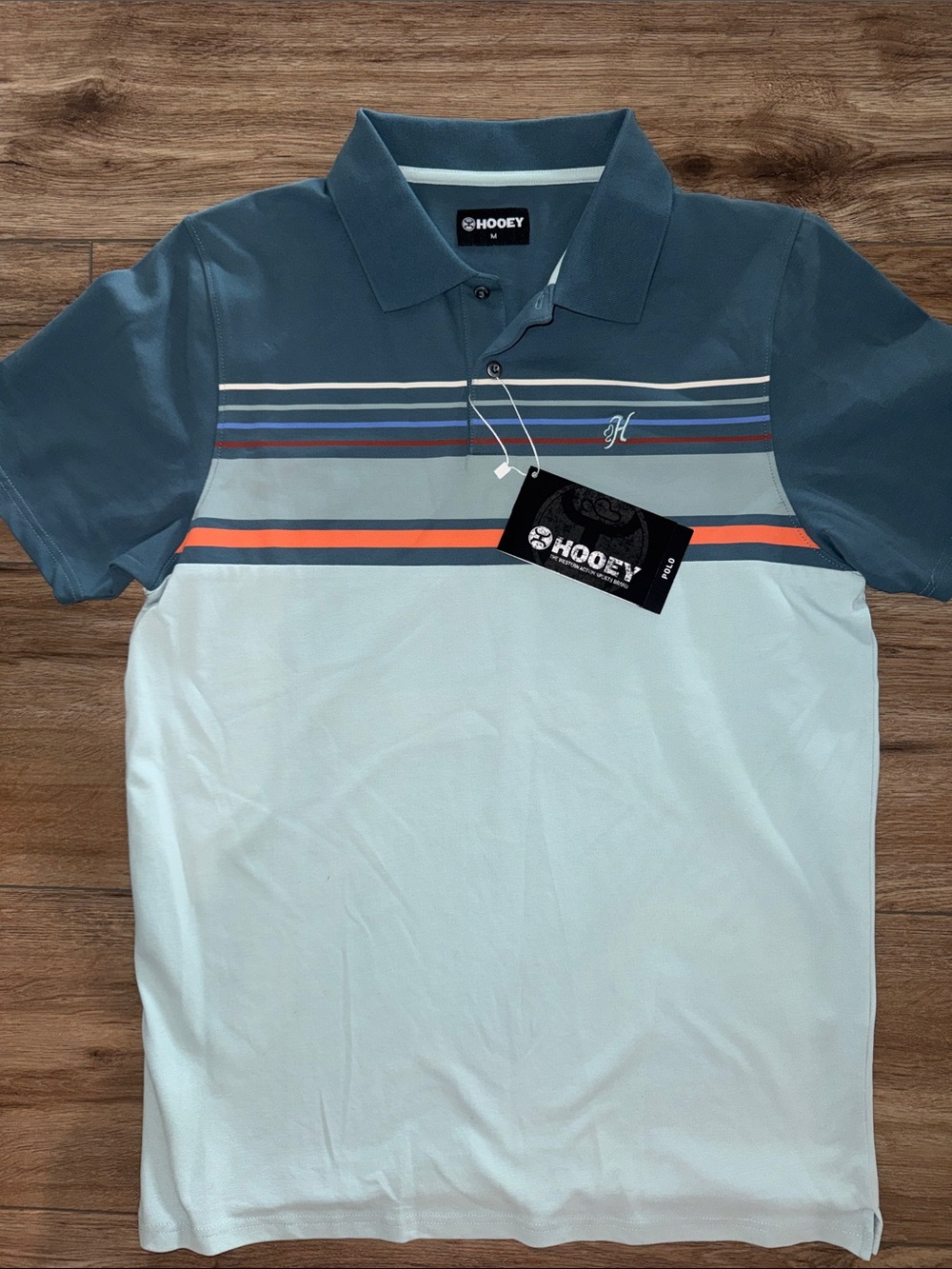 Hooey Men’s Teal and Light Blue Striped Polo with Orange Accent